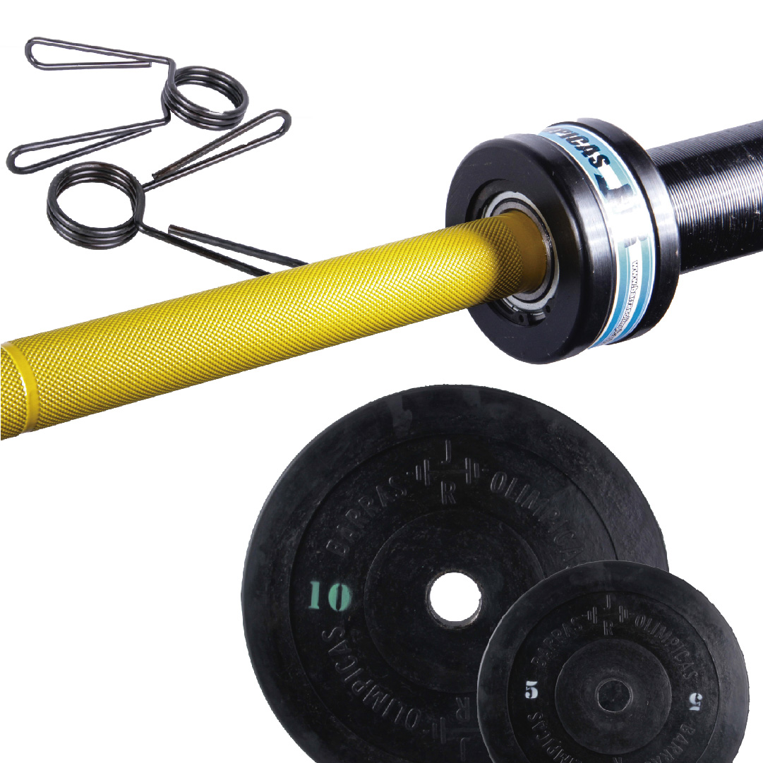 1 barra de 15kgs + 100kgs de bumper + un par de topes – PROMO Nº2